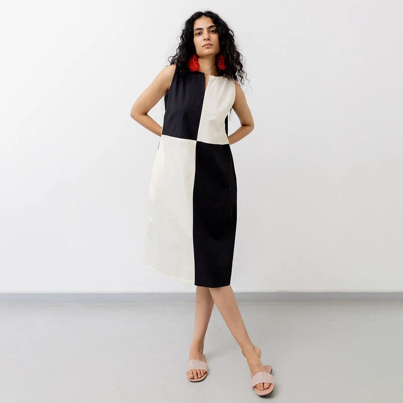 Women Knee Length Dress | Cotton Poplin | Colour Block | White & Black