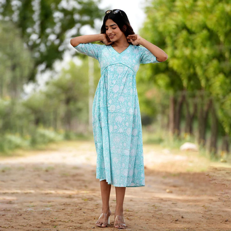 Cotton Dress for Women | Floral Handblock Print | Sky Blue