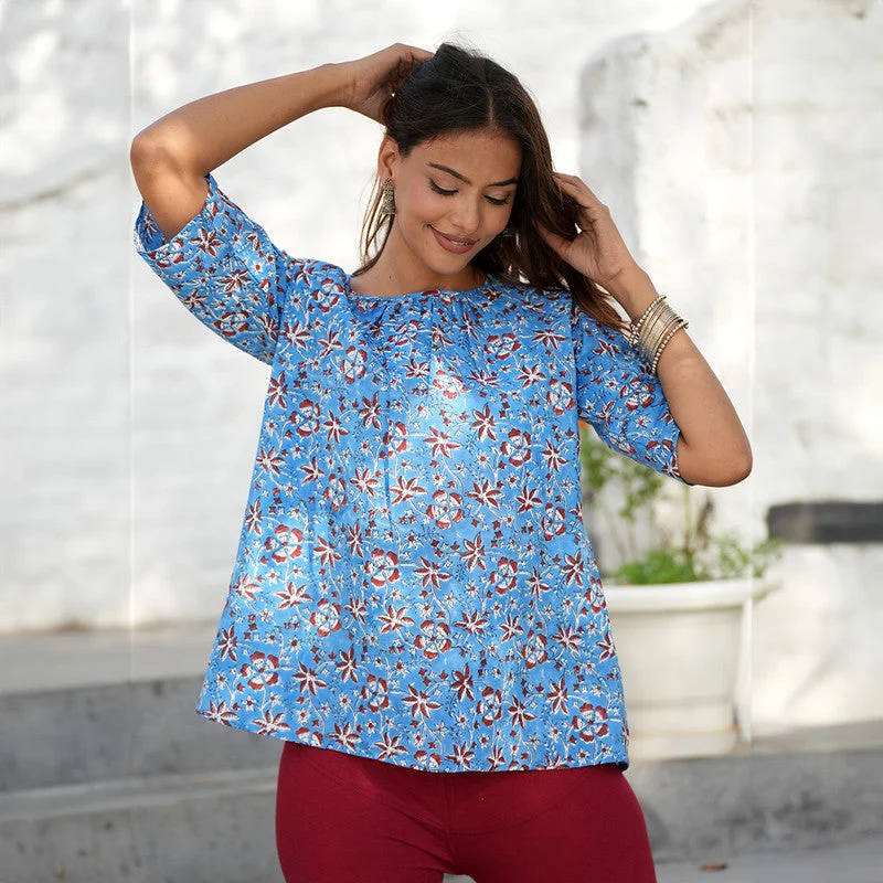 Cotton Top for Women | Handblock Printed | Sky Blue