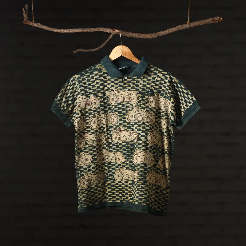 Green - Bindaas Natural Dyed Art Block Print Polo Collar T-shirt in Cotton