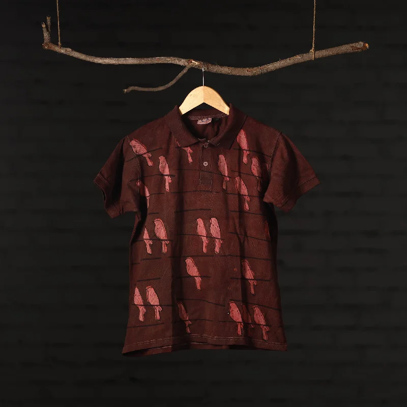 Maroon - Bindaas Natural Dyed Art Block Print Polo Collar T-shirt in Cotton