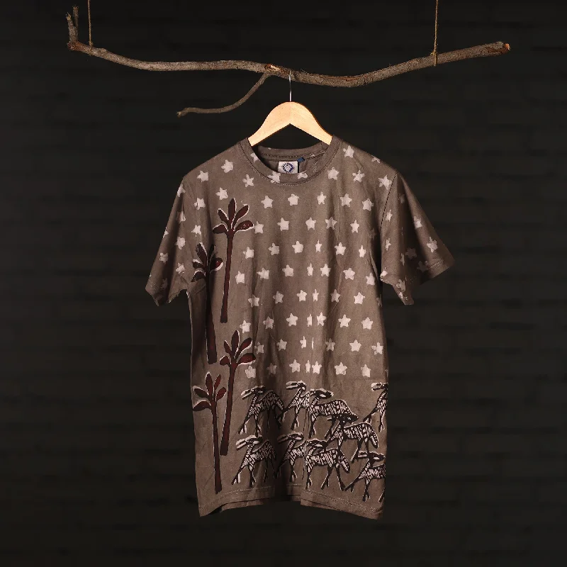 Brown - Bindaas Natural Dyed Art Block Print Round Neck T-shirt in Pure Cotton