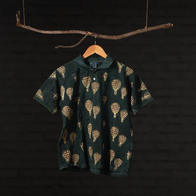 Green - Bindaas Natural Dyed Art Block Print Polo Collar T-shirt in Cotton