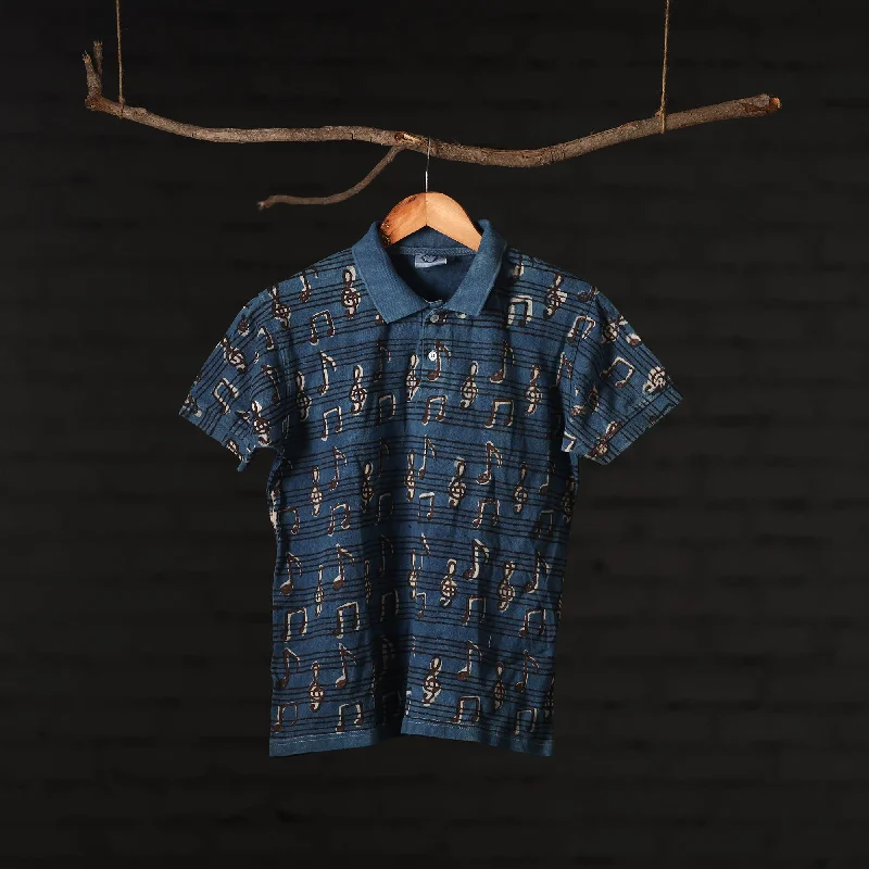 Blue - Bindaas Natural Dyed Art Block Print Polo Collar T-shirt in Cotton