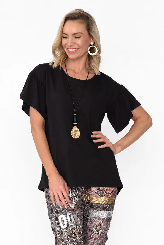 Alessia Black Cotton Blend Frill Top