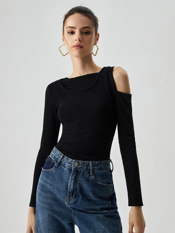 Asymmetrical Shoulder Cut Out Long Sleeve Solid Top