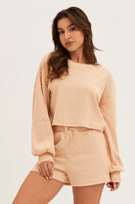 Beige Loungewear Shirts Crop Cotton