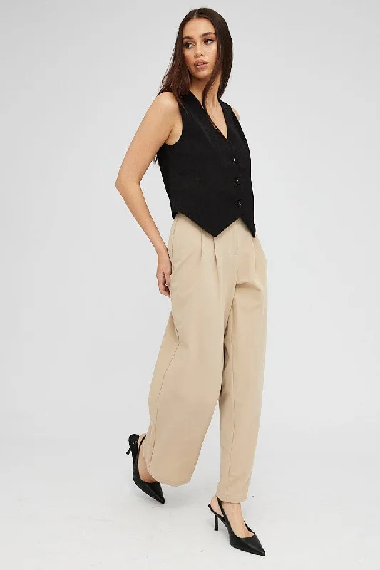 Beige Wide Leg Pants Tailored Low Rise