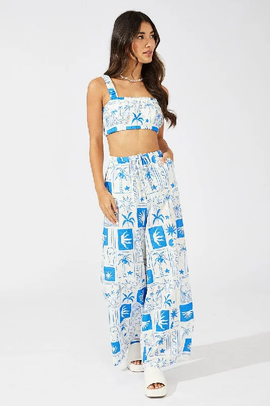 Blue Abstract Wide Leg Pants High Rise