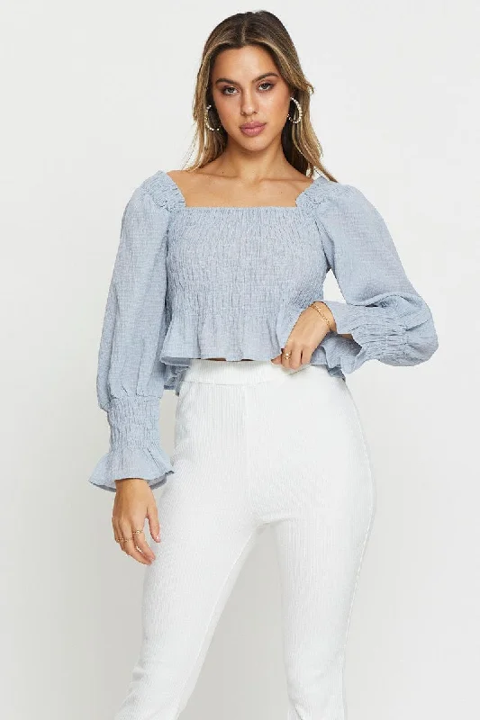 Blue Peasant Blouse Long Sleeve Crop