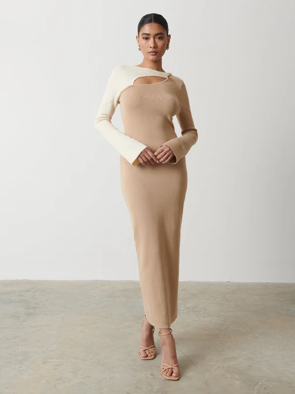 Brogan Contrast Knit Dress - Beige and Cream