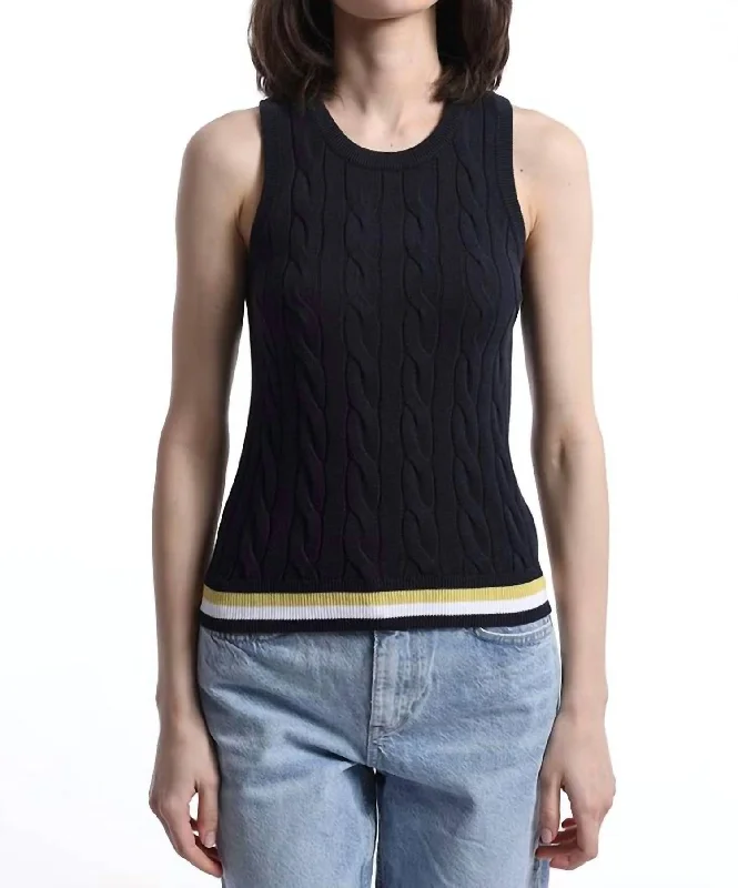 Cotton Cable Tank With Striped Detail In Navy