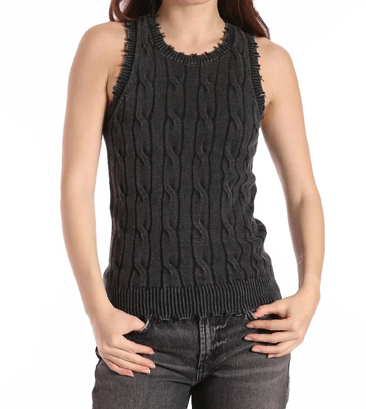 Cotton Stone Wash Distressed Cable Tank In Black