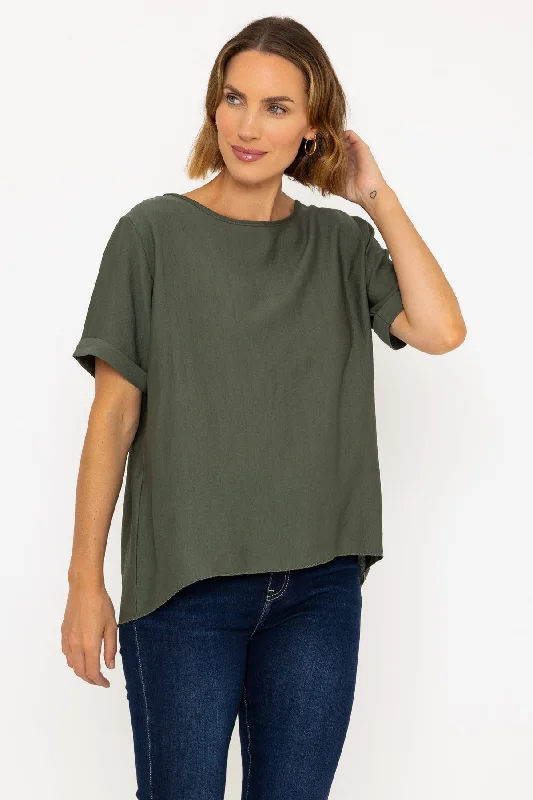 Dark Khaki Button Back Linen Like Top