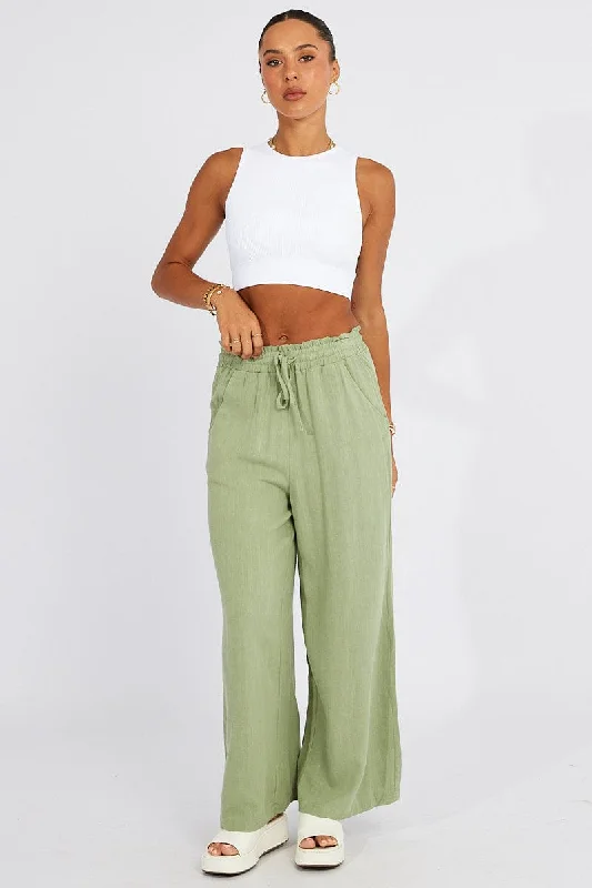 Green Wide Leg Pants High Rise