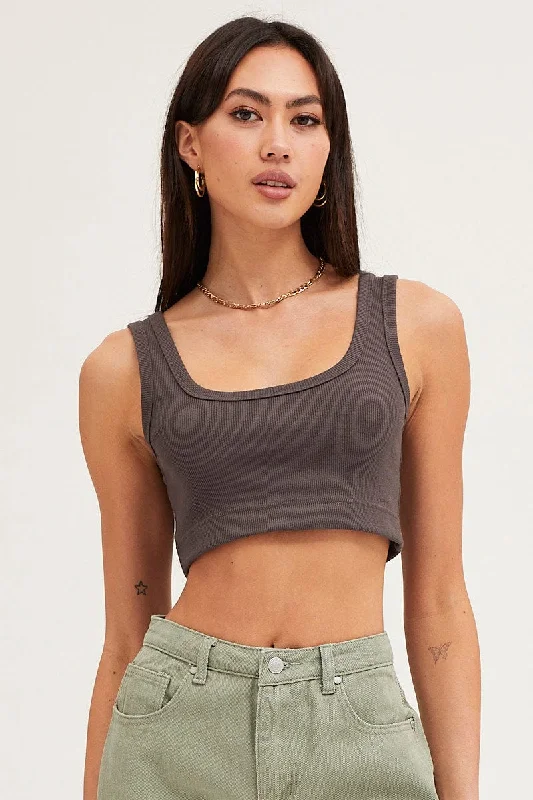 Grey Crop Top Cotton Blend Rib Tank Elasticated Hem