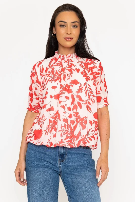 High Neck Short Sleeve Top in Red Print