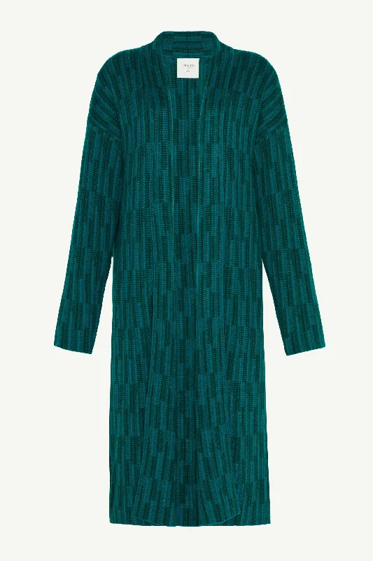 Jacquard Merino Wool Knit Cardigan - Deep Teal