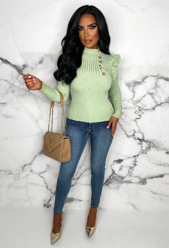 Meet Me Later Mint Green Frill Sleeve Gold Button Jumper