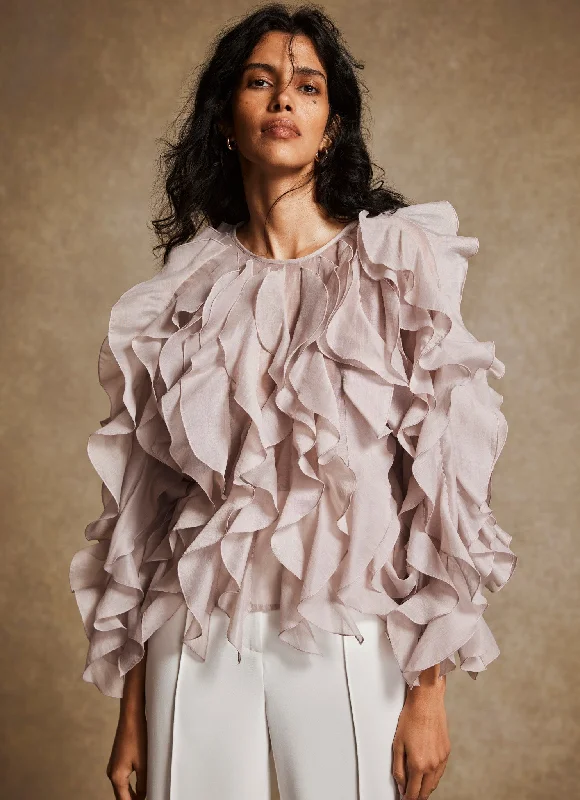 Neutral Organza Ruffle Blouse