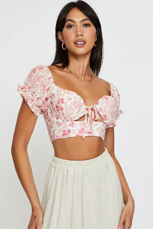 Print Puff Sleeve Top Short Sleeve Crop