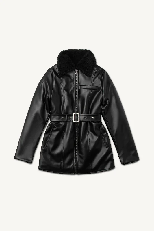 Reversible Vegan Leather Sherpa Aviator Coat - Black