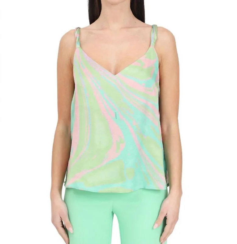 Satin Tank Top In Green,pink Multi