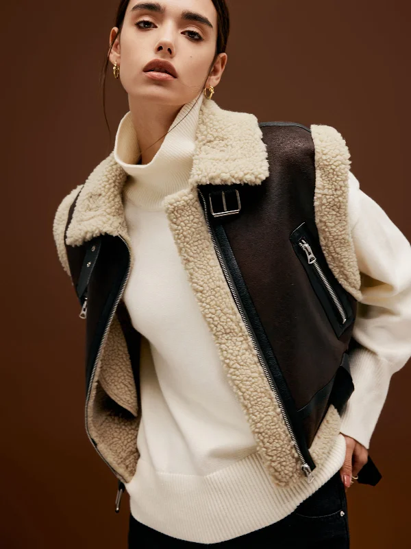 Sherpa Lined Shearling Leather Biker Crop Vest