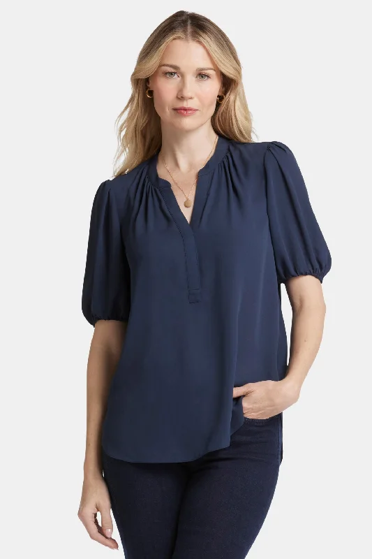 Short Puff Sleeve Popover Top - Oxford Navy