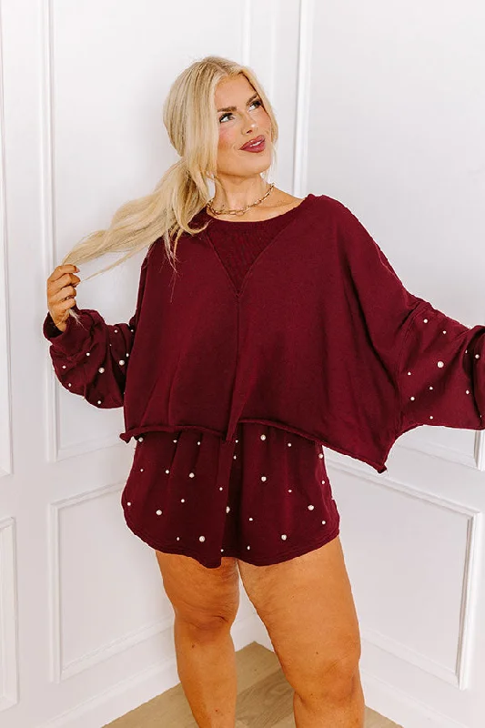 Sideline Chic Pearl Embellished Crop Sweatshirt in Maroon Curves