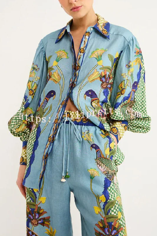 Lilipretty Sun Seeking Unique Heaven Bird Print Balloon Sleeve Button Loose Shirt