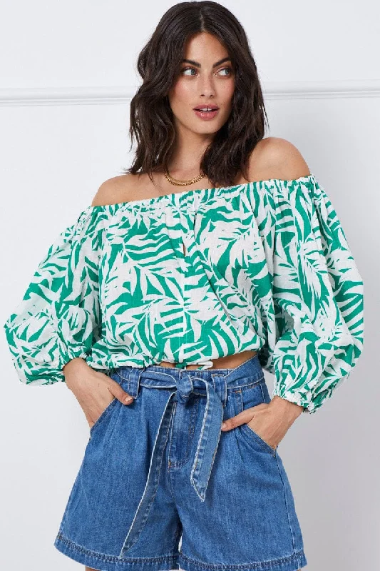 Trop Print Crop Top Long Sleeve Off Shoulder