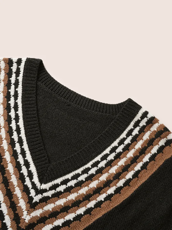 v-contrast-striped-patchwork-knit-pullover