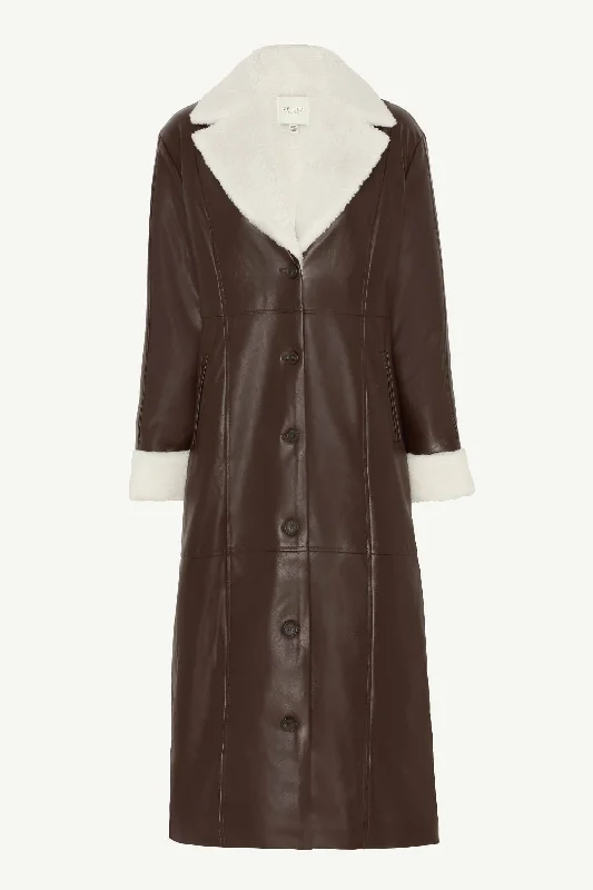 Vegan Leather Sherpa Maxi Aviator Coat - Java