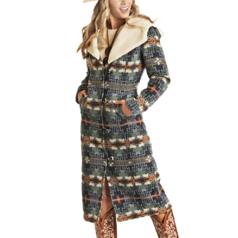 Powder River Women's Aztec Long Wool Coat - Indigo