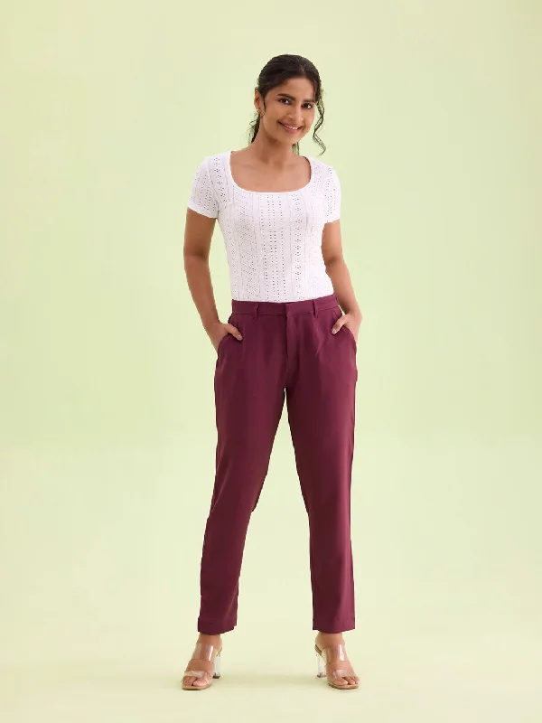 Women Dark Wine Crepe Pants