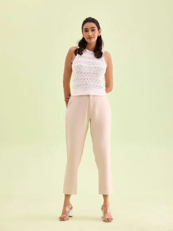 Women Solid Beige Crepe Pants