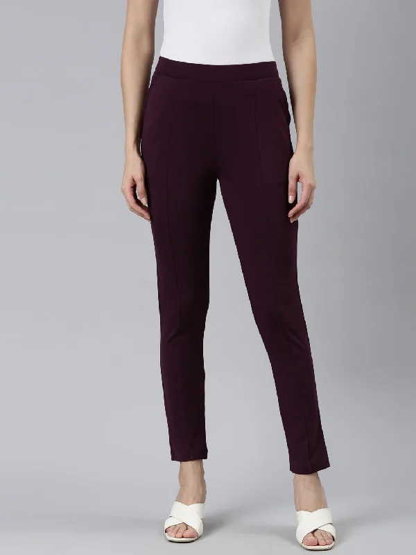 Women Solid Dark Wine Stretch Ponte Pants