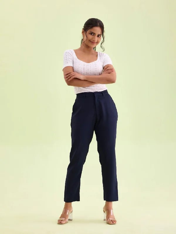 Women Solid Navy Crepe Pants