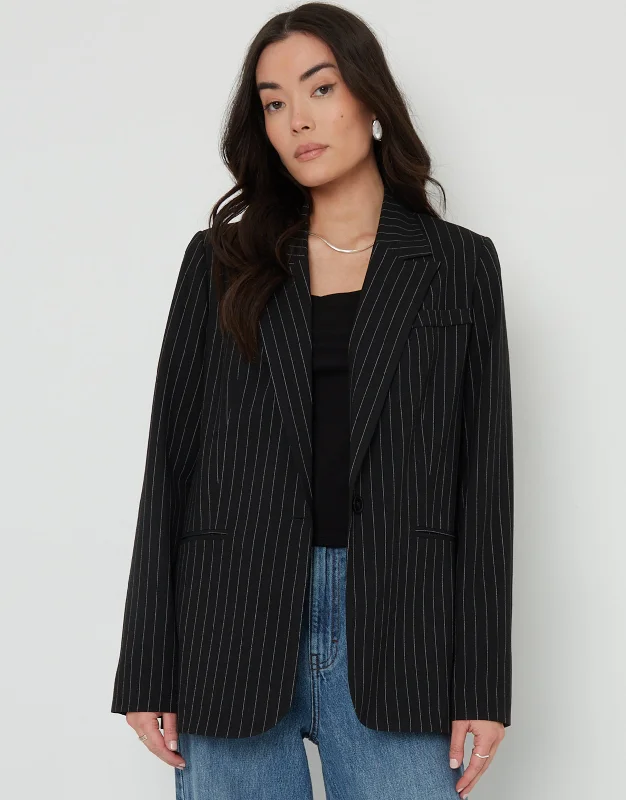 Women's Black Pinstripe Lined Blazer