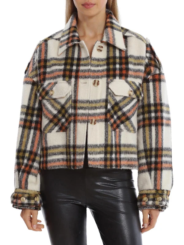 Womens Cropped Plaid Fleece Jacket