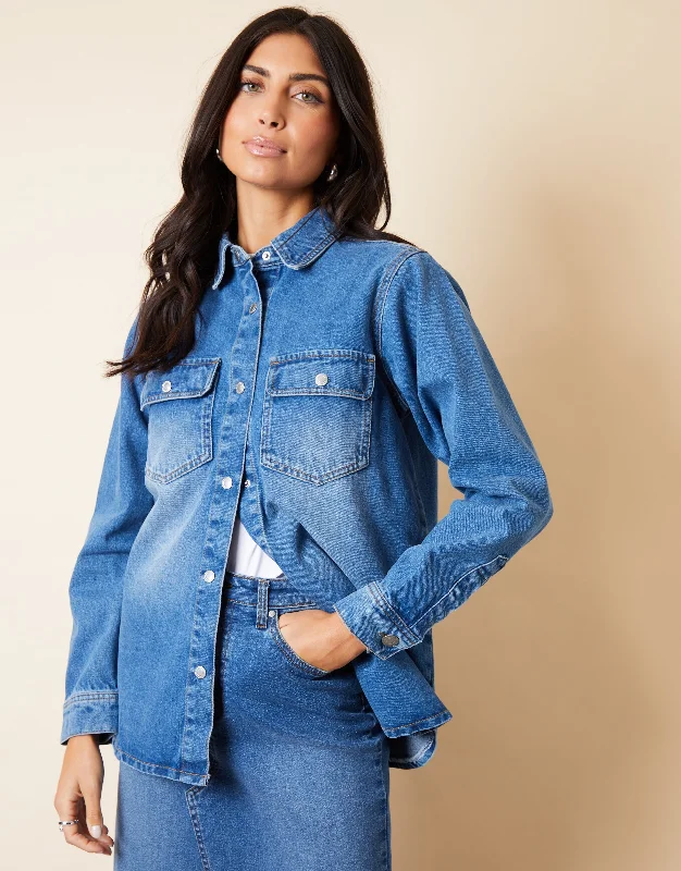 Women's Mid Blue Wash Collared Curved Hem Denim Shacket